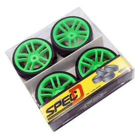 Yeah Racing Spec D CX10 gomme da DRIFT offset +3 con cerchio 10 raggi Verdi Yeah Racing Spec D CX10 gomme da DRIFT offset +3 con cerchio 10 raggi Verdi - WL-0102